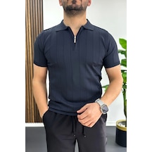 Erkek Slim Fit Fermuarlı Polo Yaka Tişört Lacivert Edw452 Lacivert