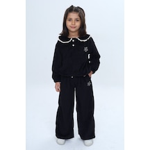 Toontoy Kids Toontoy Kız Çocuk 2'li Takım Yakası Güpürlü Nakışlı Sweatshirt & Beli Lastikli Bol Paça Eşofman Altı - Düğüme Detaylı & Kadife Siyah