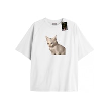 Tarzsokak Beyaz Oversize T-shirt Şaşkın Kedi Özel Tasarım