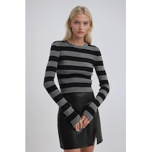 Çizgili Desen Crop Triko Kazak 1400 Gri