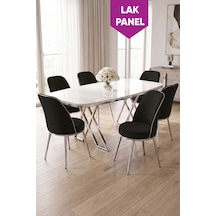 Peras Serisi 90x160 Lak Panel Beyaz Mermer Desen Krom Ayaklı Masa Takımı 6 Sandalye Beyaz Mermer Masa Siyah Sandalye