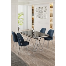 Canisa Vals Serisi 80x130 Lak Panel Siyah Mermer Desen Masa Takımı Krom Ayaklı 4 Antrasit Sandalye Masa Siyah Mermer Desen Sandalye Antrasit