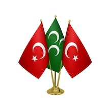 Masa Üstü Yeşil Üç Hilal Bayrağı Türk Bayrağı Üçlü Pirinç Direk M