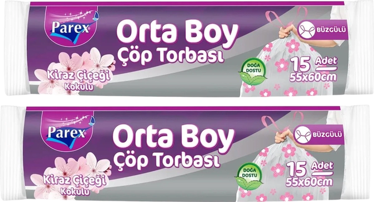 Büzgülü Çöp Torbası Kiraz Çiçeği Kokulu 15'li Orta Boy 55 X 60 Cm İkili Paket