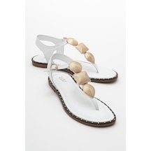 Luvishoes Luvi Shoes Helen Beyaz Hakiki Deri Parmak Arası Gold Tokalı Kadın Sandalet Beyaz