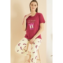 Siyah İnci Pamuklu Bisiklet Yaka Örme Pijama Takım25103208 Vişne Rengi