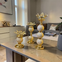 Lotus Kristal Dekoratif Şamdan Mumluk Gold Beyaz Mermer Desenli Salon Masa Dekoru