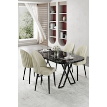 Canisa Kaye Serisi Mdf 90 X168 Siyah Mermer Desen Mutfak Masa Takımı 4 Krem Sandalye Siyah Mermer Desen Masa Krem Sandalye