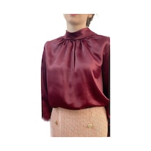 Mois Atelier Bordo Saten Büzgülü Bluz Gömlek Tasarım Hediye Büyük Beden Tesettür
