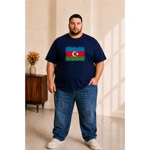 Sngl Tekstil Erkek Büyük Beden Kısa Kollu Azerbaycan Bayrak Baskılı Tişört 3xl 4xl 5xl 6xl 7xl 8xl 9xl Lacivert