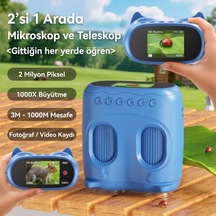 387 Mavi 2'si 1 Arada Dijital Çocuk Mikroskobu & Dürbün - 1000x Büyütme, 1000 Metre Menzil, 2 Mp Full Hd Ekranlı Eğitici Bilim Kiti