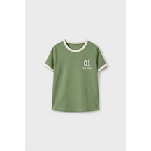 Kaktüs Omuz Biye Detaylı Baskılı Kız Çocuk T-shirt - 75181 Yeşil