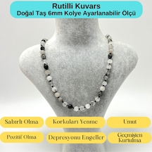 Yıldız Doğal Taş Rutilli Kuvars Doğal Taş 6 MM Makrome Kolye 45 CM - 55 CM Ayarlanabilir Beyaz