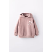 Kız Çocuk Lifes Garden Baskılı Kapüşonlu Manşetli Sweatshirt Pudra