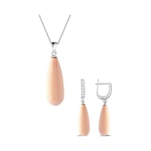 Gümüş Uzun Damla Model Kolye Küpe Pembe Inci Set