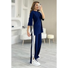 Fiolin Soft Touch Modal Kumaş Şeritli Detaylı Yırtmaçlı Takım mavi
