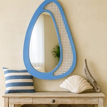73x121 Cm Mavi Rattan Çerçeveli Organik Ayna Modern Dekoratif Duvar Aynası Tasarım Ayna, Rattan Ayna, Salon & Genç Odası Dekoru Mavi