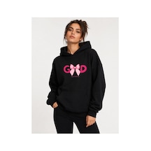 Herkesemoda Good Kurdele Baskılı Kapüşonlu 2 İplik Şardonlu Sweatshirt Siyah