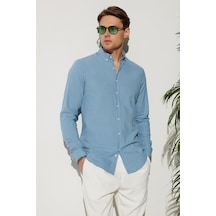 Tudors Erkek Slim Fit Dar Kesim %100 Pamuk Keten Doku Düğmeli Yaka Mavi Gömlek-32807 Açık Mavi