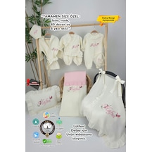 Gros Shop Müslin Yeni Doğan 4katlı Organik %100pamuk Kişiye Özgü Nakışlı Hastane Çıkış Seti Kelebekli Papatya Ekru-1