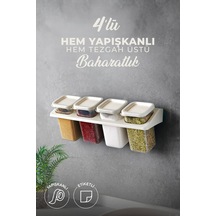 Kitchen Life 4'lü Etiketli Standlı Kendinden Yapışkanlı Kare Baharatlık Takımı - Erzak Saklama Kabı Seti Krem
