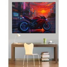 Ahşap Tablo Siberpunk Şehirde Modern Kırmızı Motosiklet