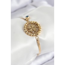 316l Çelik Nazar Boncuk Detaylı Yonca Model İtalyan Zincir Gold Renk Kadın Bileklik Çok Renkli