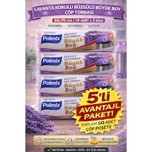 Polmix Lavanta Kokulu Büzgülü Çöp Torbası Büyük Boy 65x70 Cm 10'lu 5 Paket Dayanıklı Sızdırmaz Çöp Poşeti
