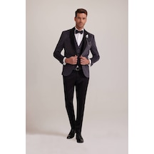 Ysf Erkek Gri Şal Yaka Yelekli Slim Fit Damatlık