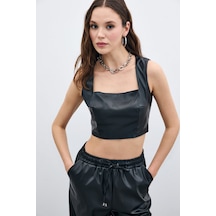 Kare Yaka Deri Crop - Siyah-135667 Siyah