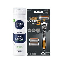 Men Erkek Hassas Tıraş Köpüğü 200 Ml + Bıc Hybrid 5 Flex Erkek Tıraş Bıçağı 1 Sap Ve 2 Yedek Başlık 5 Bıçak