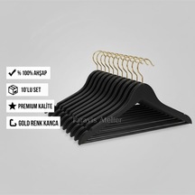 Faravis Atelier 10 Adet Ahşap Vernikli Askılık Elbise Gömlek Kıyafet Askısı Cilalı Premium Kalite Gold - Siyah