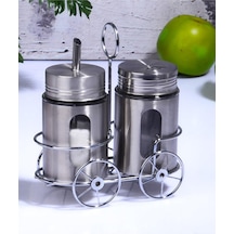 2 Li Paslanmaz Çelik Cam Şekerlik Baharatlık Stantlı 300ml Şeffaf