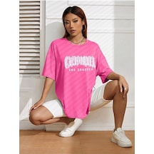 California Letter T-shirt - Pembe Baskılı Oversize Bisiklet Yaka Kısa Kol Tişört Pembe