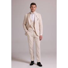 Ysf Erkek Krem Slim Fit Kırlangıç Yaka Yelekli Damatlık