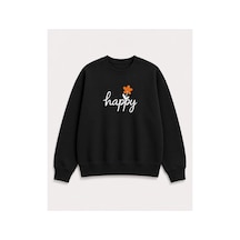 Herkesemoda Happy Baskı Detaylı Şardonlu 2 İplik Bisiklet Yaka Sweatshirt Siyah