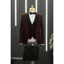 Slimfit Skinny Kesim Şal Desenli Sivri Sabit Yaka Yelekli Papyonlu Smokin Takım Elbise 001