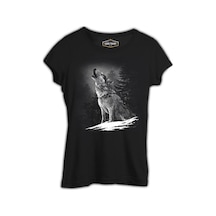 Wolf Howling At The Moon Realistic Siyah Kadın Tshirt 001