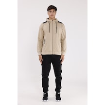 Rowinger Omuz Panel Detaylı Fermuarlı Kapüşonlu Erkek Sweatshirt Beıge