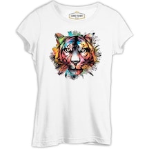 Colorful Tiger Head Beyaz Kadın Tshirt 001