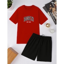 Uyguntarz Unisex Brooklyn Baskılı Tasarım Şort Takım Kırmızı