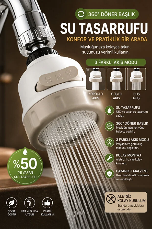 Musluk Başlığı 360 Döner 3 Fonksiyonlu Su Tasarruflu Perlatör 1