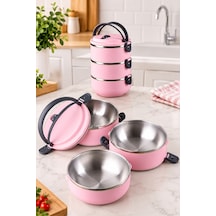 3 Katlı Yeni Nesil Sefer Tası Lunch Box Beslenme Kabı Paslanmaz Çelik 1800 Ml Pudra Pembe