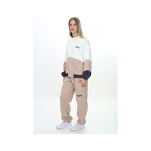 Toontoy Kids Toontoy Kız Çocuk 2'li Takım Baskılı Dik Yaka Fermuarlı Sweatshirt & Beli Paçası Lastikli Cepli Jogger Eşofman Altı - Renk Bloklu 3 İplik Şardonlu Bej
