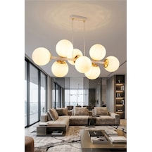 Cross 8'li Beyaz - Altın Modern Beyaz Glob Camlı Sarkıt Avize Oturma Odası Salon Mutfak Beyaz Beyaz