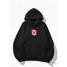 Uyguntarz Unisex Yumuşak Dokulu Playboy Baskılı Tasarım Oversize 3 İplik Hoodie Sweatshirt siyah