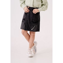 Kız Çocuk Şeritli Kot Şort Etek 2875 Gri