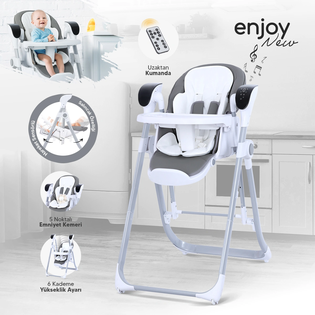 Huggy Enjoy Kumandalı Katlanabilir Elektrikli Salıncak Mama Sandalyesi