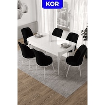 Canisa Kor Serisi 70x114 Açılabilir Mutfak Masası Takımı Beyaz Masa 6 Siyah Sandalye Masa Beyaz Sandalyeler Siyah