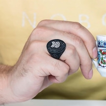 Kurt Desenli Siyah Rodyumlu Gümüş Erkek Yüzük Beyaz